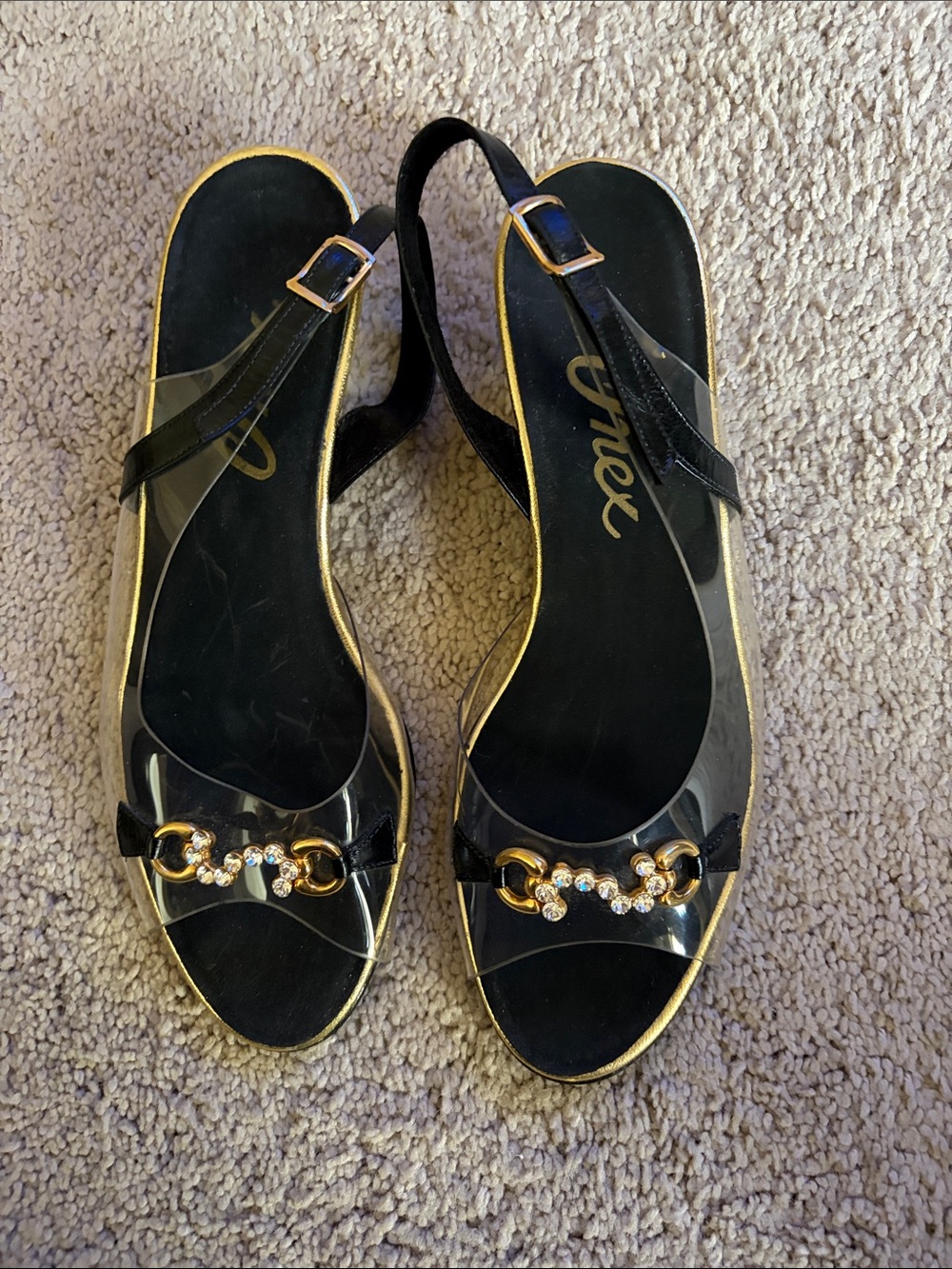 Onex Black & Gold Clear Slingback Sandals size 9 N handcrafted in Italy